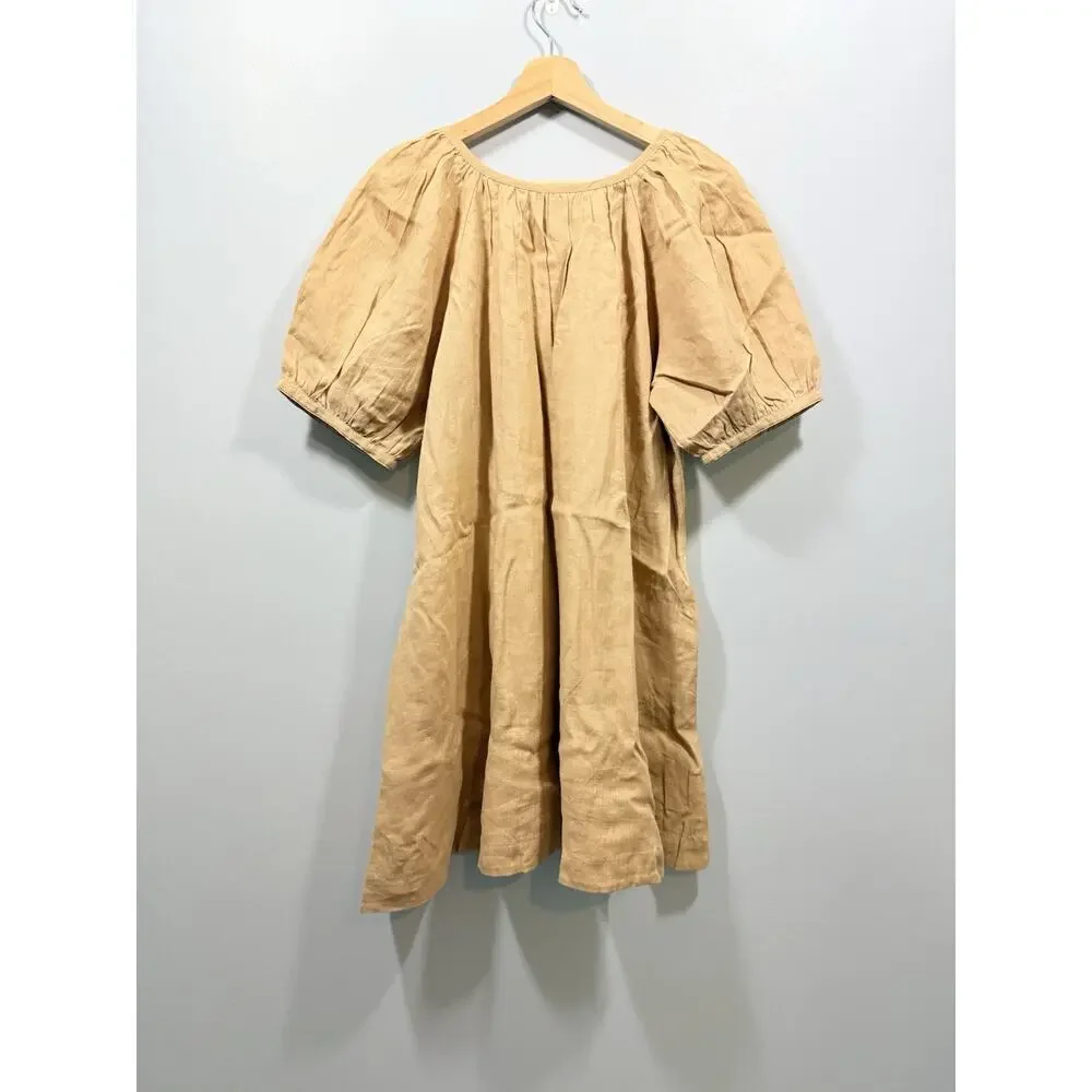 LIVRO Camel 100% Linen Round Neck Button Front Puff Sleeve Shift Dress size XS